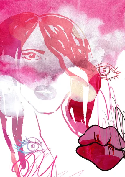Collage Astratto Femminile Acquerello Colore Rosa Nero Rosso Ritratto Contemporaneo — Foto Stock
