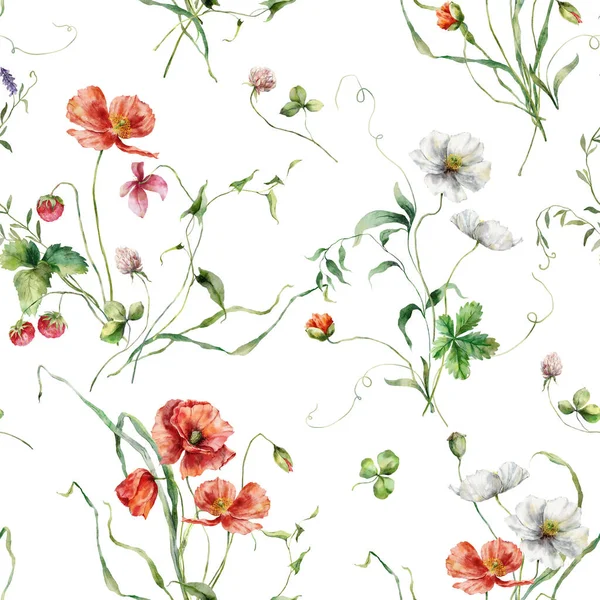 水彩メドウの花は白と赤のポピーのシームレスなパターン 白い背景に単離された手描きの花のイラスト 印刷物 生地または背景のため — ストック写真