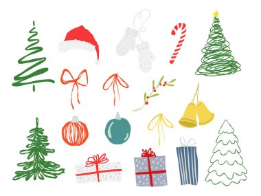 Noel 'in suluboya seti basit semboller-ağaçlar, hediye kutuları, toplar ve çanlar. Beyaz arka planda elle boyanmış tatil soyut unsurları. Tasarım, baskı, kumaş, arkaplan
