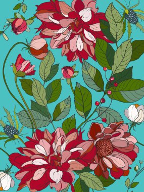 Pembe ve kırmızı kasımpatıların çiçek posteri. Mavi arka planda elde boyanmış çiçek çizimi. Tasarım, baskı, kumaş veya arkaplan için bayram buketi kartı