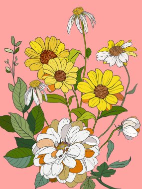 Beyaz papatyaların, papatyaların ve kasımpatıların çiçek posteri. Bej arka planda elle boyanmış çiçek çizimi. Tasarım, baskı, kumaş veya arkaplan için buket.