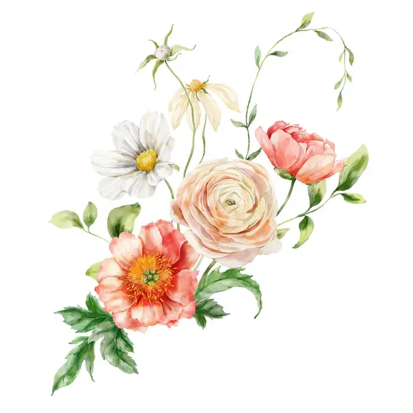 Watercolor bouquet of peonies, ranunculi, chamomiles and leaves. Hand painted card of floral elements isolated on white background. Holiday flowers Illustration for design, print, fabric or background