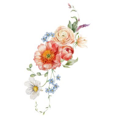 Şakayık buketi, ranunculus, papatya ve yapraklar. Beyaz arka planda izole edilmiş çiçek elementlerinin el boyalı kartı. Tatil çiçekleri tasarım, baskı, kumaş, arkaplan