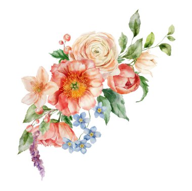 Unutulmayan suluboya buketi, şakayıklar, ranunculi ve yapraklar. Beyaz arka planda izole edilmiş çiçek elementlerinin el boyalı kartı. Tasarım, baskı veya arkaplan için tatil çiçekleri