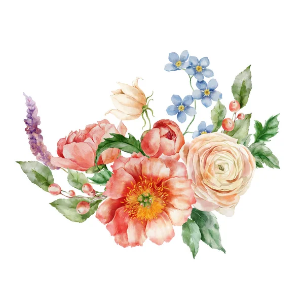 Watercolor bouquet of peonies, forget-me-not, ranunculi and leaves. Hand painted card of floral elements isolated on white background. Holiday flowers Illustration for design, print or background
