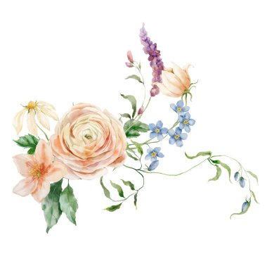 Suluboya bir buket şakayık, unutma beni, ranunculi ve yapraklar. Beyaz arka planda izole edilmiş çiçek elementlerinin el boyalı kartı. Tasarım, baskı veya arkaplan için tatil çiçekleri