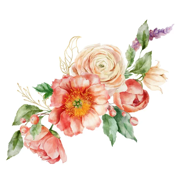 Watercolor bouquet of peonies, ranunculi and linear gold leaves. Hand painted card of floral elements isolated on white background. Holiday flowers Illustration for design, print or background