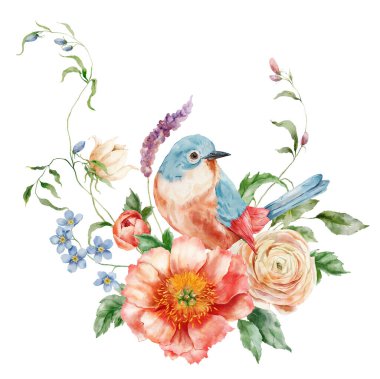 Şakayık buketi, unutma beni, ranunculi ve öten kuş. Beyaz arka planda izole edilmiş çiçek elementlerinin el boyalı kartı. Tasarım, baskı veya arkaplan için tatil çiçekleri