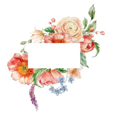 Şakayık, ranunculus ve yapraklı suluboya bir buket. Beyaz arka planda izole edilmiş çiçek elementlerinin el boyalı kartı. Tasarım, baskı veya arkaplan için tatil çiçekleri
