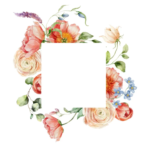Ranunculus, şakayık ve yapraklı suluboya bir buket. Beyaz arka planda izole edilmiş çiçek elementlerinin el boyalı kartı. Tasarım, baskı veya arkaplan için tatil çiçekleri