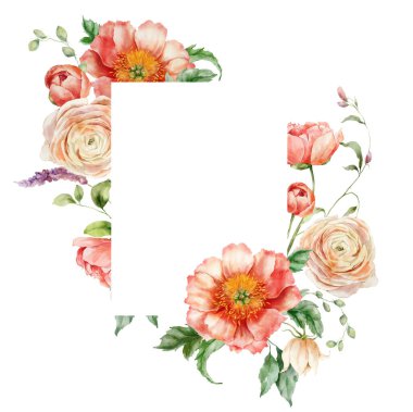 Şakayık, ranunculus ve yapraklı suluboya bir buket. Beyaz arka planda izole edilmiş çiçek elementlerinin el boyalı kartı. Tatil çiçekleri tasarım, baskı, kumaş, arkaplan