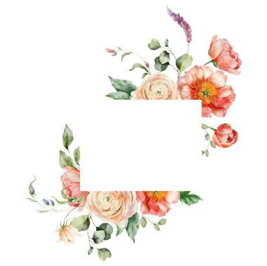 Ranunculus, şakayık ve yapraklı suluboya bir buket. Beyaz arka planda izole edilmiş çiçek elementlerinin el boyalı kartı. Tatil çiçekleri tasarım, baskı, kumaş, arkaplan