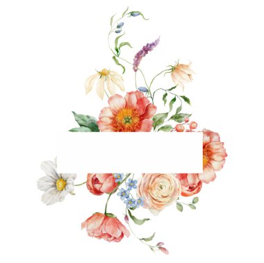 Şakayık, ranunculus ve unutma beni desenli suluboya bir buket. Beyaz arka planda izole edilmiş çiçek elementlerinin el boyalı kartı. Tasarım, baskı veya arkaplan için tatil çiçekleri