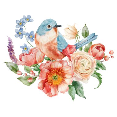 Şakayık buketi, ranunculi, unutma beni ve öten kuş. Beyaz arka planda izole edilmiş çiçek elementlerinin el boyalı kartı. Tasarım, baskı veya arkaplan için tatil çiçekleri