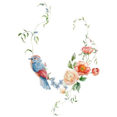 Şakayık, ranunculi ve öten kuşlu suluboya buket çelengi. Beyaz arka planda izole edilmiş çiçek elementlerinin el boyalı kartı. Tasarım, baskı veya arkaplan için tatil çiçekleri