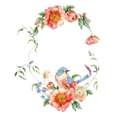 Ranunculus, şakayık ve öten kuşlu suluboya buket çelengi. Beyaz arka planda izole edilmiş çiçek elementlerinin el boyalı kartı. Tasarım, baskı veya arkaplan için tatil çiçekleri