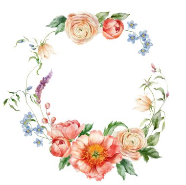 Şakayık, ranunculus ve yapraklı suluboya çelenk. Beyaz arka planda izole edilmiş çiçek elementlerinin el boyalı kartı. Tasarım, baskı veya arkaplan için tatil çiçekleri