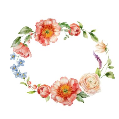 Ranunculus, şakayık ve yapraklı suluboya çelenk. Beyaz arka planda izole edilmiş çiçek elementlerinin el boyalı kartı. Tasarım, baskı veya arkaplan için tatil çiçekleri