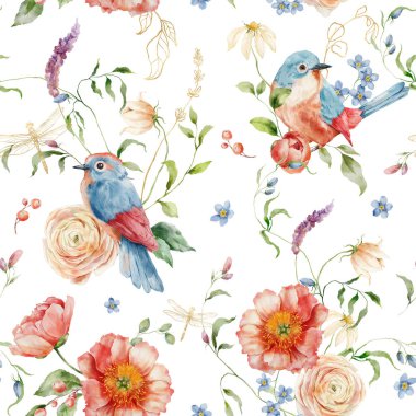Watercolor floral seamless pattern of forget-me-not, peonies, ranunculi and song bird. Hand painted composition isolated on white background. Flowers Illustration for design, print or background clipart