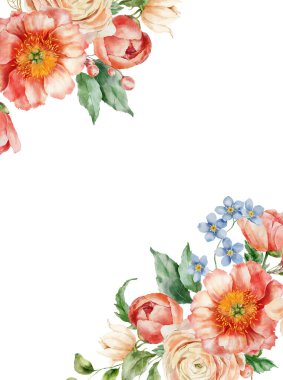 Çiçek buketinin suluboya kartında ranunculus, şakayık ve yapraklar var. Beyaz arka planda izole edilmiş çiçek elementlerinin el boyalı kartı. Tasarım, baskı veya arkaplan için Tatil Resimleri