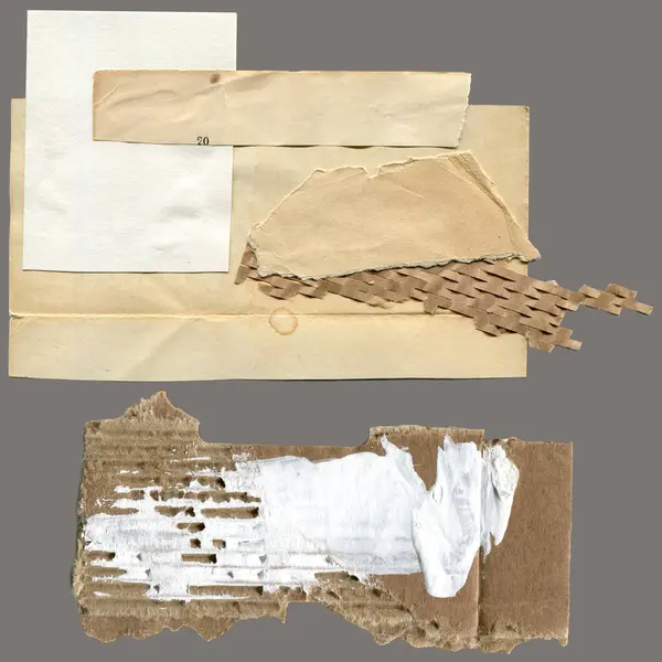 Torn paper pieces set of two pieces. Brown shapes with jagged uneven edges. Ripped different paper fragments collection. Textured grunge element bundle for collage, text box, banner, sticker, poster