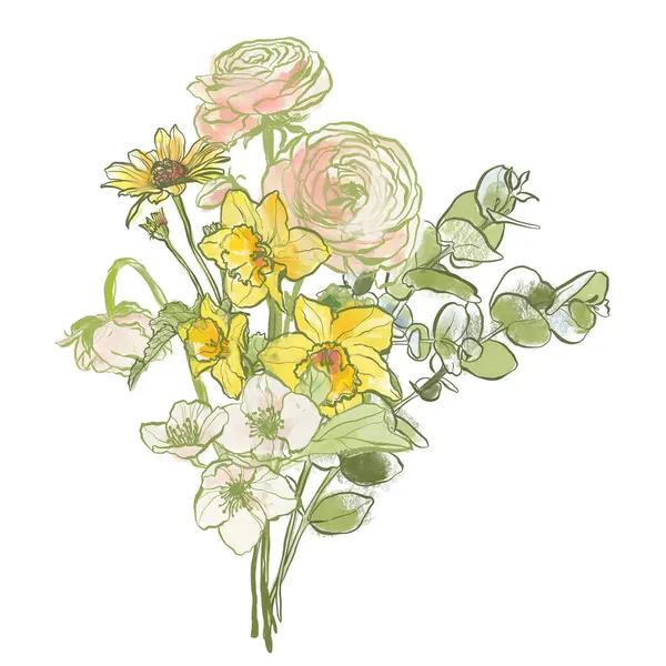 Pintura Óleo Ramo Abstracto Ranúnculo Narciso Jazmín Eucalipto Composición Floral — Foto de Stock