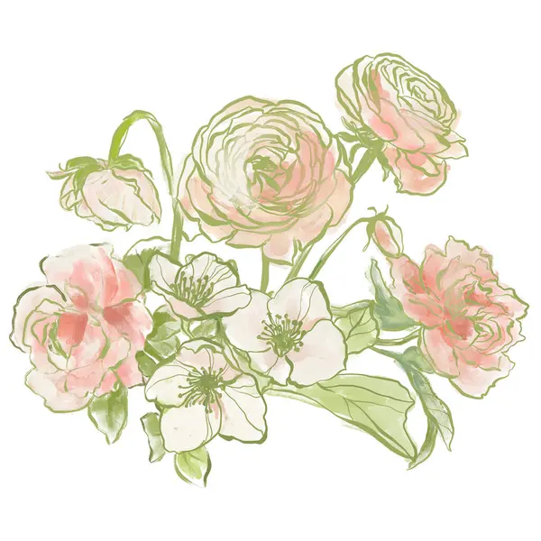 Obraz Olejny Abstrakcyjny Bukiet Ranunkulus Róża Jaśmin Ręcznie Malowane Kompozycje — Zdjęcie stockowe