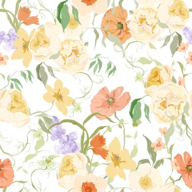 Narsislerin, şakayıkların, leylakların ve gelinciklerin suluboya desenleri. Beyaz arka planda el yapımı kır çiçekleri. Tasarım, baskı, kumaş veya arkaplan için Tatil Resimleri