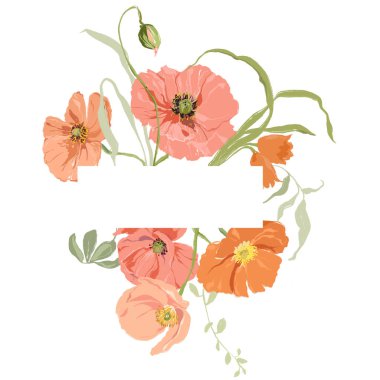 Kırmızı gelincikler ve lalelerden oluşan suluboya çiçek çerçevesi. El yapımı kır çiçekleri beyaz arka planda izole edilmiş. Tasarım, baskı, kumaş veya arkaplan için Tatil Resimleri