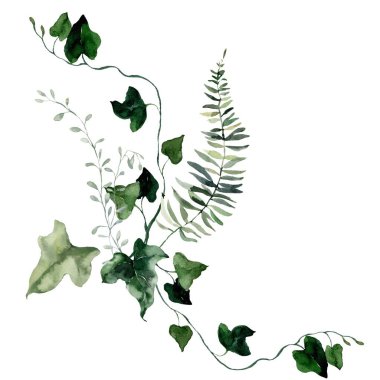 Çimenler, otlar, otlar, yatak samanları ve eğreltiotu içeren suluboya çiçek kartı. Beyaz arka planda bir çiçek buketinin el çizimi posteri. Tasarım, baskı veya kumaş arkaplanı için bir açık hava illüstrasyonu