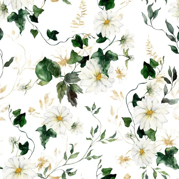 stock image Watercolor floral seamless pattern featuring golden flowers, fern and herbs. Hand-drawn composition of a plant on a white background. An outdoor illustration for design, printing or fabric background