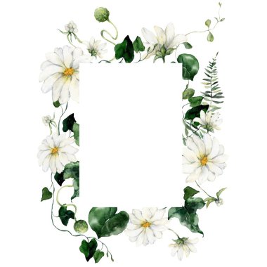 Çiçekler, tomurcuklar ve otlar içeren suluboya dikey çerçeve. Beyaz arka planda bir bitki buketinin elle çizilmiş kompozisyonu. Tasarım, baskı veya kumaş arkaplanı için bir açık hava illüstrasyonu