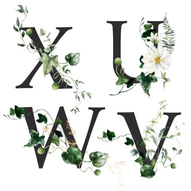 Suluboya Harfler Kümesi 'nde U, V, W ve X harfleri yer almaktadır. Beyaz arka planda elde çizilmiş çiçekler tasarım, baskı veya kumaş arka planlarında kullanılabilecek bir açık hava harf sahnesi oluşturur.