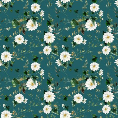 Çiçeksiz suluboya desenli altın çiçekler, eğreltiotu ve otlar. Mavi arka planda bir bitkinin el yapımı kompozisyonu. Tasarım, baskı veya kumaş arkaplanı için bir açık hava illüstrasyonu