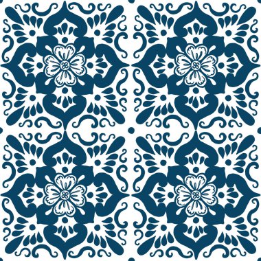 Beyaz zemin üzerinde mavi Akdeniz fayansları olan el boyaması geleneksel resimlerin kusursuz bir deseni. Bu tasarım yazdırma gibi kullanılabilir ve bir arkaplan olarak harika görünebilir