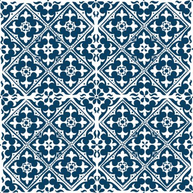 Elle boyanmış geleneksel resimlerin ve beyaz arka planda mavi Akdeniz fayanslarının vektörsüz deseni. Bu tasarım yazdırma gibi kullanılabilir ve bir arkaplan olarak harika görünebilir.