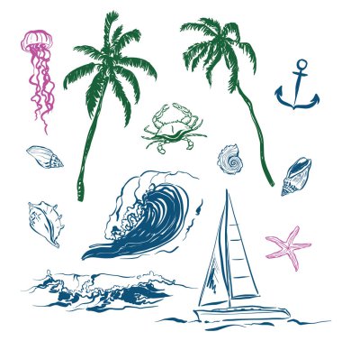 Vektör doğrusal karalama kıyı çizimleri. El boyası elementler - el yapımı palmiye, dalga, yelken, yat, çapa, kabuk, deniz yıldızı ve yengeç beyaz arka planda izole edilmiş. Tasarım, baskı, iç veya arka plan için