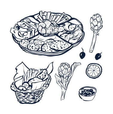 Vektör yiyecek, ekmek, atıştırmalık, zeytin ve salam. Beyaz arka planda elle boyanmış elementler. Tasarım, baskı veya arkaplan çizimi. Moda koleksiyonu
