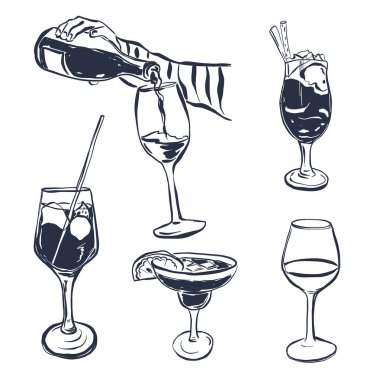 Vektör bardakları karalama ayarlandı. Elle boyanmış içecek nesneleri ve elementleri: şarap kadehi, bardak ve kupa beyaz arka planda izole edilmiş. Tasarım, baskı, kumaş veya arkaplan çizimi