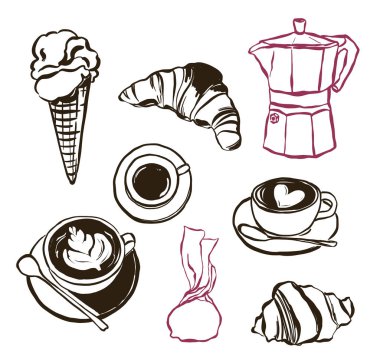 Vektör yiyecek, kahve, kruvasan, kahve makinesi, bardak ve kaşık. El çizimi İtalya yemekleri beyaz arka planda izole edilmiş. Tasarım, baskı veya arkaplan çizimi. Moda koleksiyonu