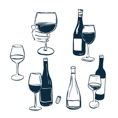 Şarap kadehleri karalama ayarlandı. Elle boyanmış içecek nesneleri ve elementleri: şarap kadehleri, şişeler ve beyaz arka planda izole edilmiş meyveler. Tasarım, baskı, kumaş veya arkaplan çizimi