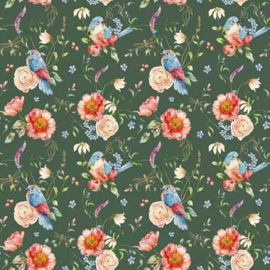 Çiçeksiz şakayık desenli suluboya, unutma beni, ranunculi ve öten kuş. Kraliyet mavi arka planında el yapımı kompozisyon izole edilmiş. İç tasarım veya baskı için Çiçek Resimleri