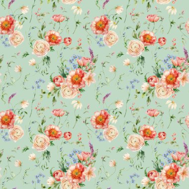 Şakayık, ranunculus ve yapraklarla sulu boya deseni. Pastel yeşile boyanmış el boyası çiçek elementleri. Tasarım, baskı, kumaş, arkaplan için çiçek illüstrasyonu