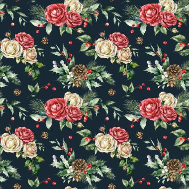 Suluboya Noel aralıksız çam ağacı dalı, kırmızı gül, böğürtlen ve yapraklar. El çizimi tatil bitkileri siyah arka planda izole edilmiş. Tasarım, baskı, kumaş veya arkaplan çizimi