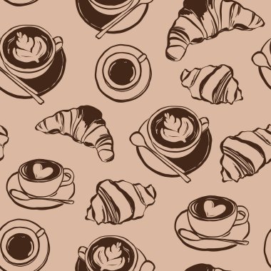 Kusursuz kahve, kruvasan, fincan ve kaşık. El çizimi İtalya yemekleri beyaz arka planda izole edilmiş. Tasarım, baskı veya arkaplan çizimi. Moda koleksiyonu