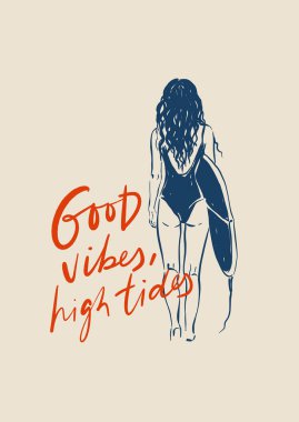 Kadın ve sörf tahtası olan aktif vektör posteri. El yazısıyla yazılmış, kısa bir tabirle klasik poster ve bej arka planda izole plaj. Tasarım, baskı, iç veya arka plan için