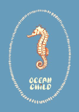 Deniz atı ile taşıyıcı deniz posteri. El yazısıyla yazılmış, kısa bir tabirle klasik poster ve mavi arka planda izole edilmiş deniz hayvanları. Tasarım, baskı, iç veya arka plan için