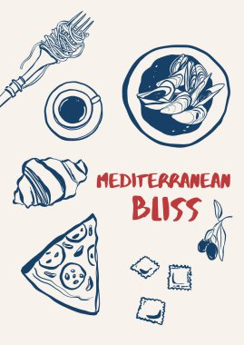 İtalyan spagetti, pizza ve kahvenin vektör besin bileşimi. El yazısıyla çizilmiş, arka planda izole edilmiş kısa cümleli bir poster. Tasarım, baskı, kumaş, arkaplan