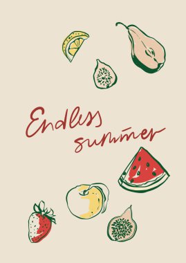 Akdeniz meyvesi ve el yazısı kısa cümleli vektör motivasyon posteri. Armut, incir, limon, çilek ve elmalı el yapımı vintage kart. Tasarım, baskı, kumaş veya arkaplan için lezzetli gıdalar