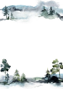 Orman ve gökyüzünün suluboya yapısı. El yapımı soyut kış köknarı ve çam ağaçları. Beyaz arka planda izole edilmiş minimalist çizimler. Tasarım, baskı, kumaş veya arkaplan için